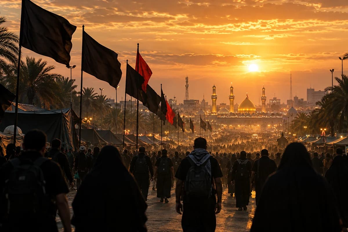 Illustrative sunset scene of the Arbaeen walking pilgrimage